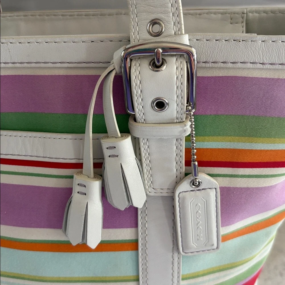 Coach Y2K 2007 Hampton Multi-Color Stripe Medium Canvas/ Leather Tote F10705 - Picture 5 of 15